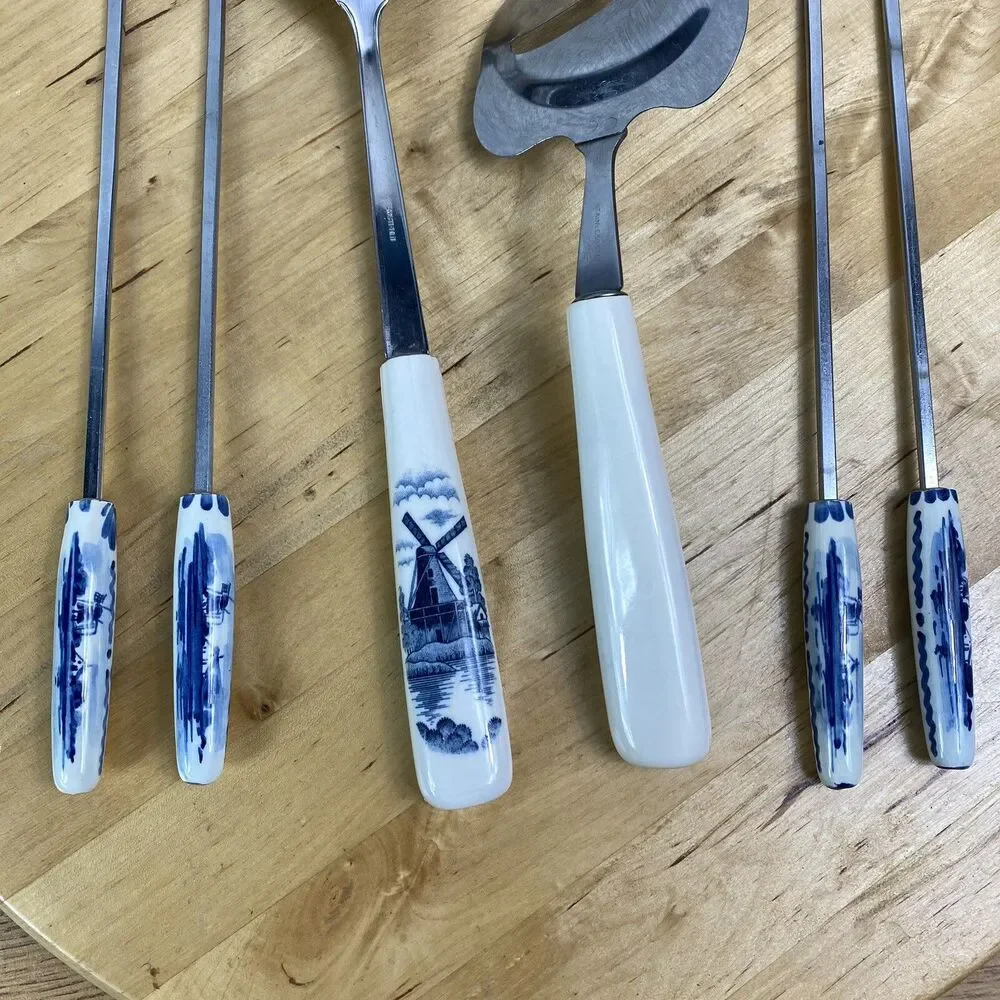 Vintage Delft Elesva Holland 6pc Utensil Set Blue Windmill Ceramic Handle Cheese